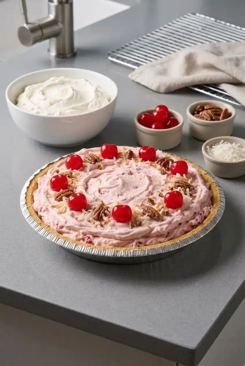 Chilled million dollar pie setting on a kitchen counter next to separate bowls of whipped topping and garnishes.