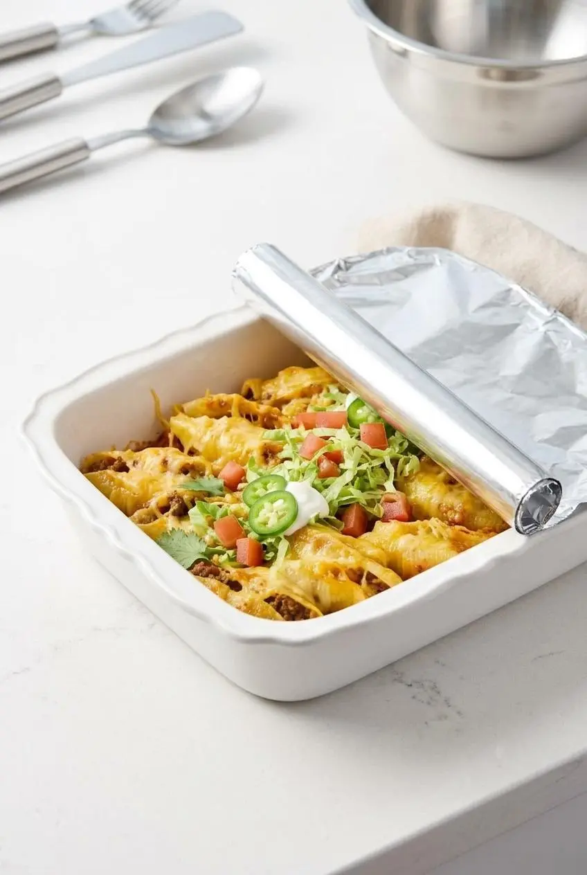 Stuffed pasta shells arranged over salsa in a baking dish covered with pulled-back foil.