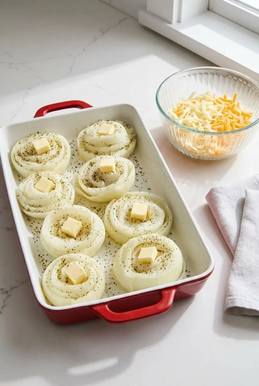 Seasoned onion stacks dotted with butter cubes in a baking dish next to a bowl of grated cheese.