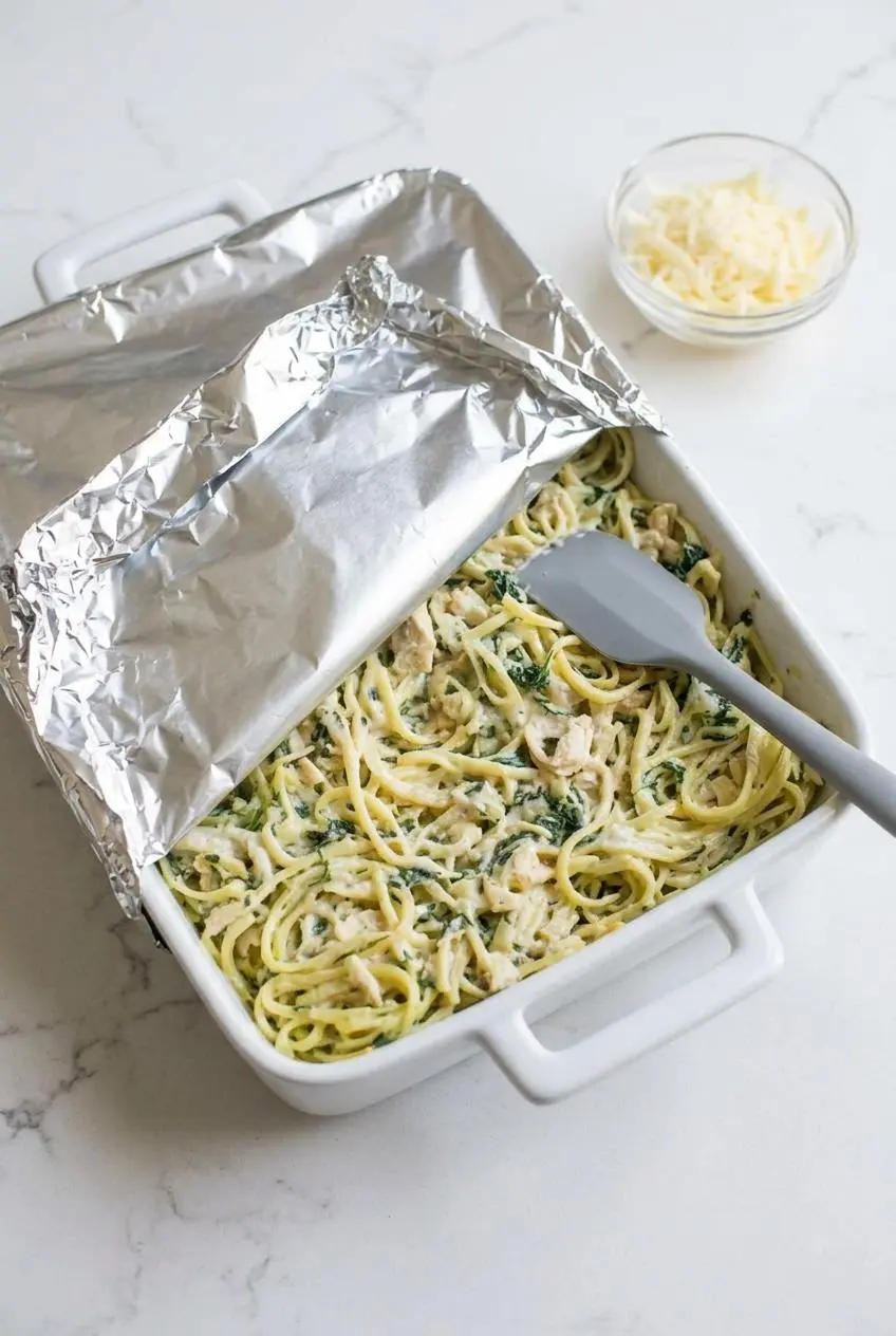 Unbaked chicken spaghetti in a baking dish partially covered with foil for make-ahead meal prep.