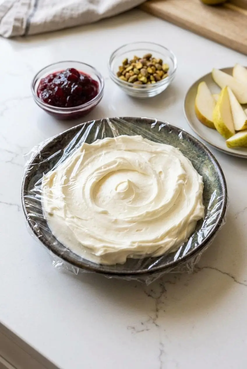 Swirled brie covered with oiled plastic wrap on a counter beside small bowls of cranberry sauce, pistachios, and pear wedges