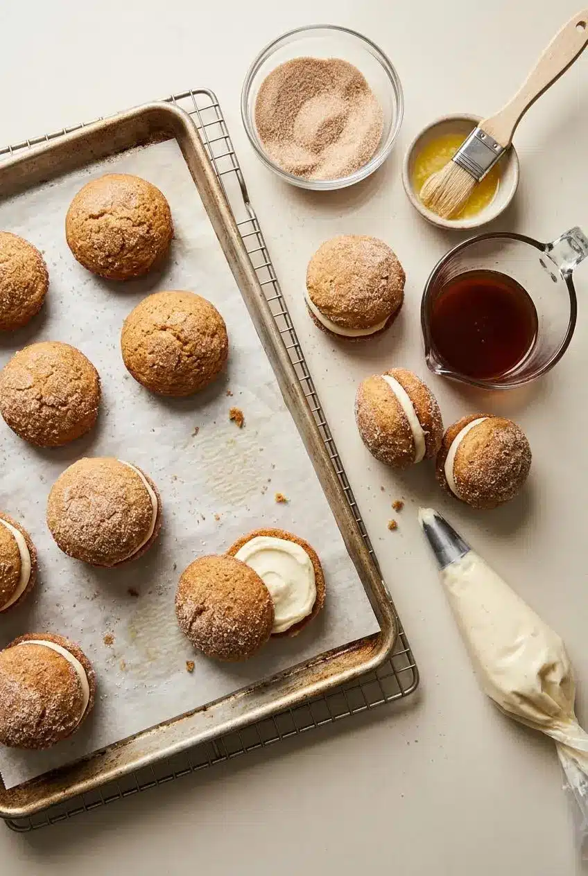 Baking station with golden whoopie pie domes cooling on a rack, reduced cider syrup, melted butter, and cinnamon sugar.