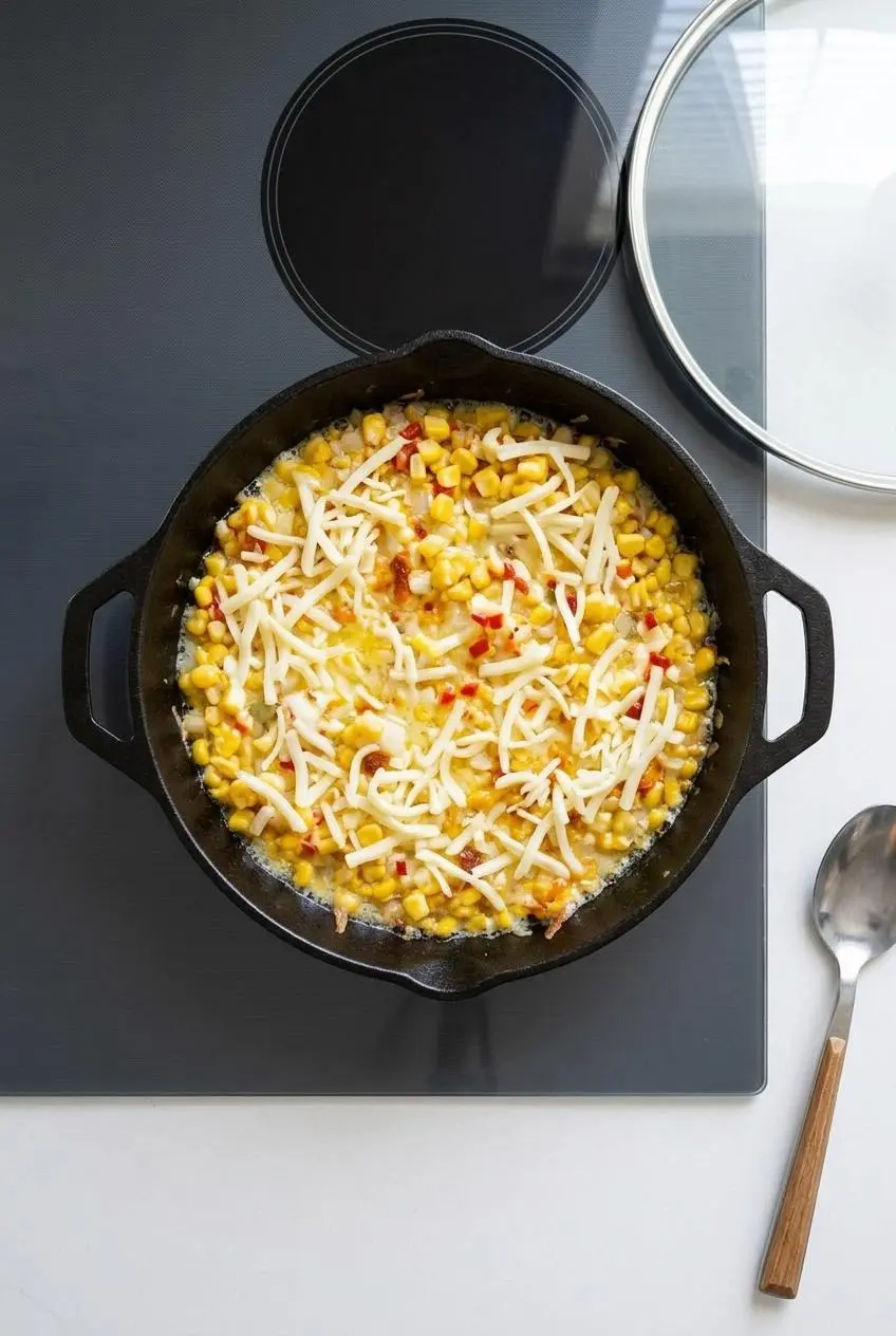 Stovetop skillet of sauteed corn and mayo mixture partially topped with shredded mozzarella beside a glass lid