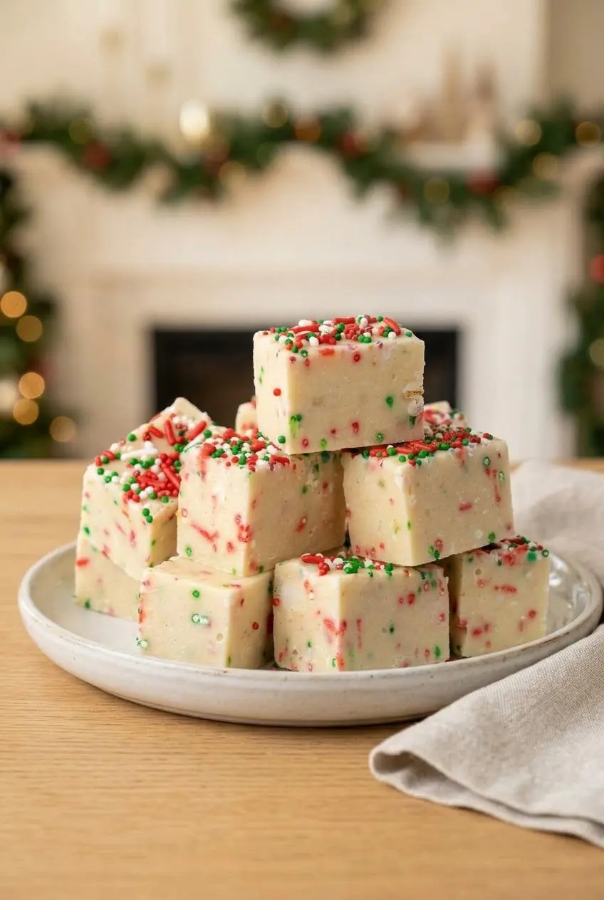 Neat rows of sugar cookie fudge squares arranged on a ceramic serving platter.