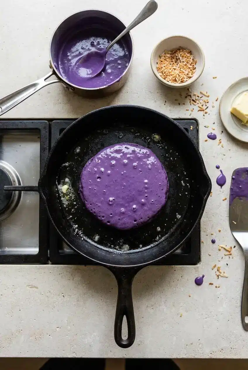 Purple pancake batter cooking in a skillet with popping bubbles and matte edges beside a pot of coconut-ube sauce.
