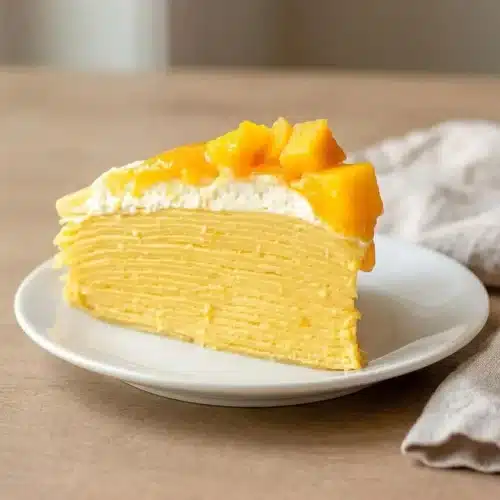 Chilled mango crepe cake with silky crepes, creamy coconut filling, glossy mango coulis, and fresh chopped mango on top.