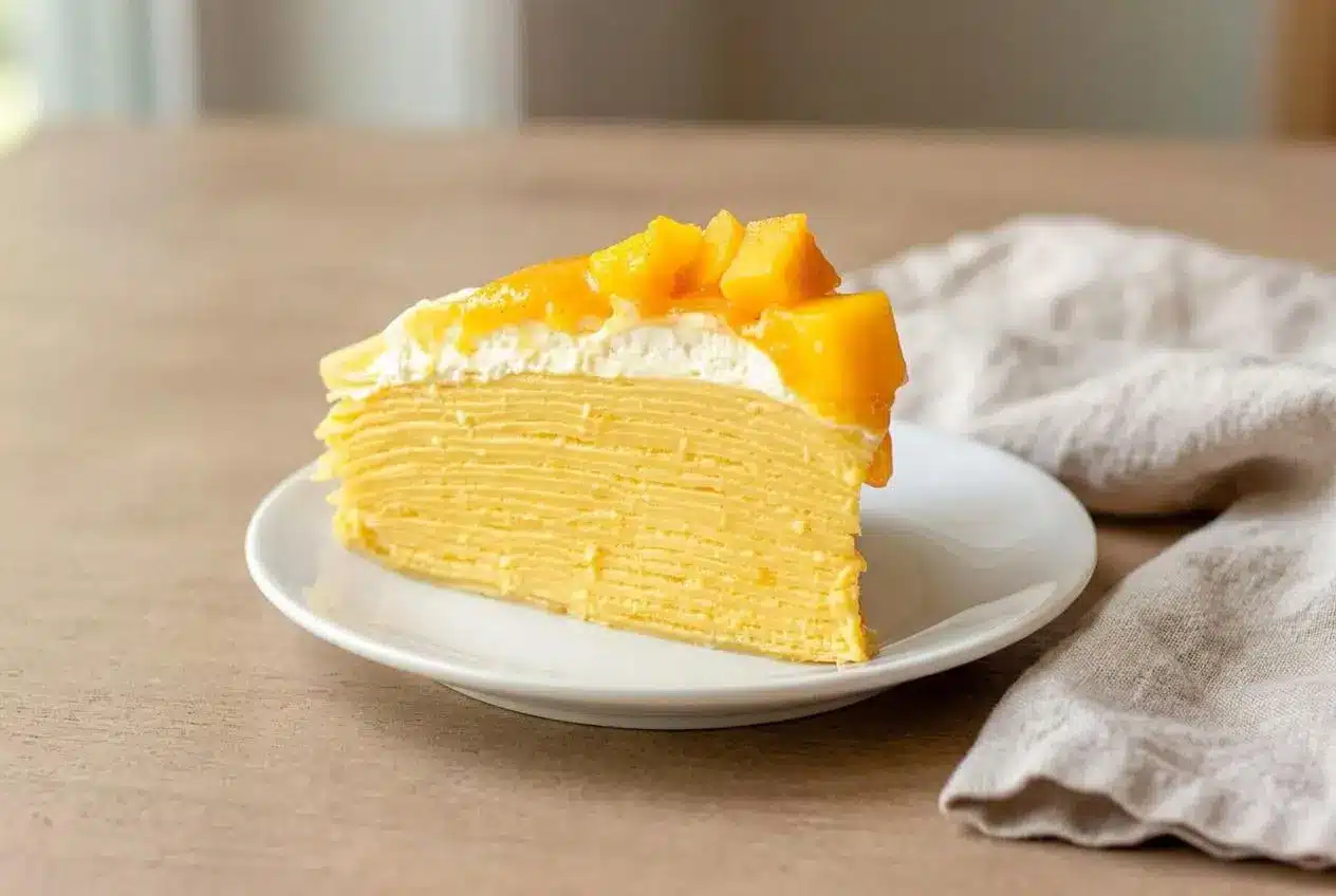 Chilled mango crepe cake with silky crepes, creamy coconut filling, glossy mango coulis, and fresh chopped mango on top.