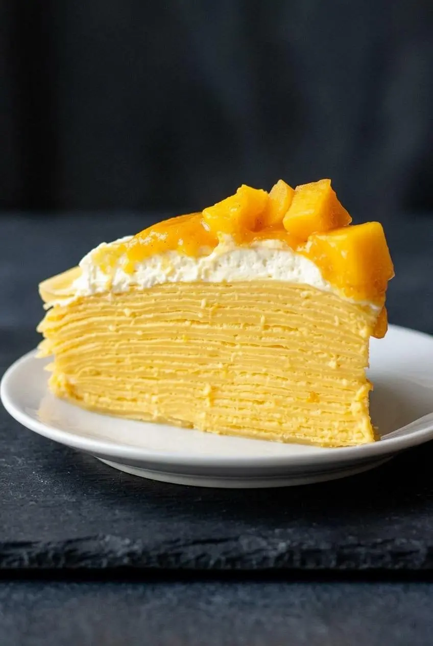 Close-up cross-section of a cut mango crepe cake showing 20 thin crepes evenly layered with thick coconut cream cheese filling.
