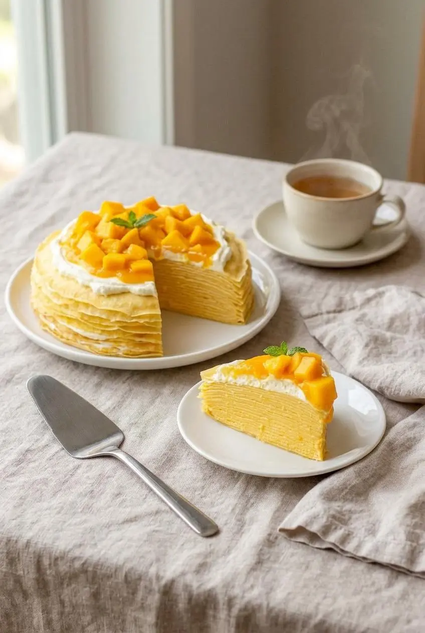 Sliced mango crepe cake served on a dessert plate with a cake server, folded cloth, and a cup of hot jasmine tea.