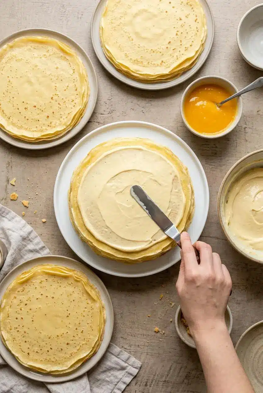 Overhead view of an offset spatula spreading mango-coconut cream cheese filling on a crepe beside cooled crepe stacks and coulis.