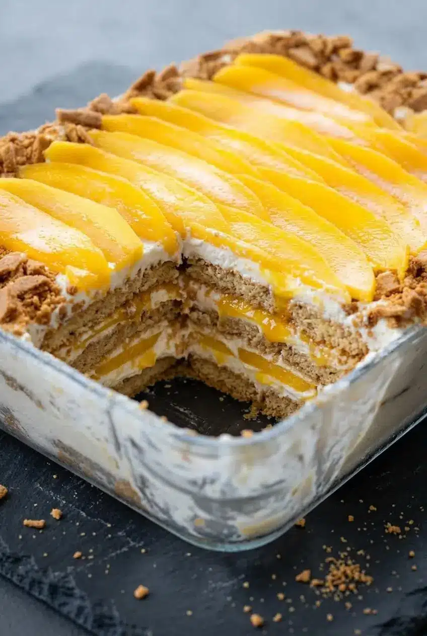 Close-up cross-section of mango float showing four cake-like graham layers, whipped cream, and thin mango slices.