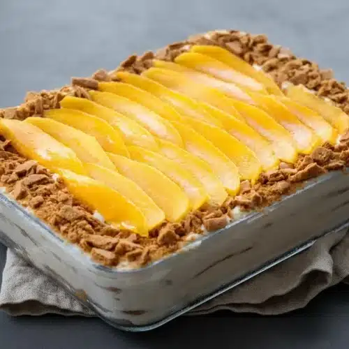 Finished mango float recipe with creamy filling, soft graham cracker layers, and golden mango slices in a glass dish.