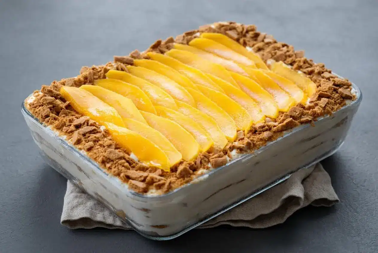 Finished mango float recipe with creamy filling, soft graham cracker layers, and golden mango slices in a glass dish.