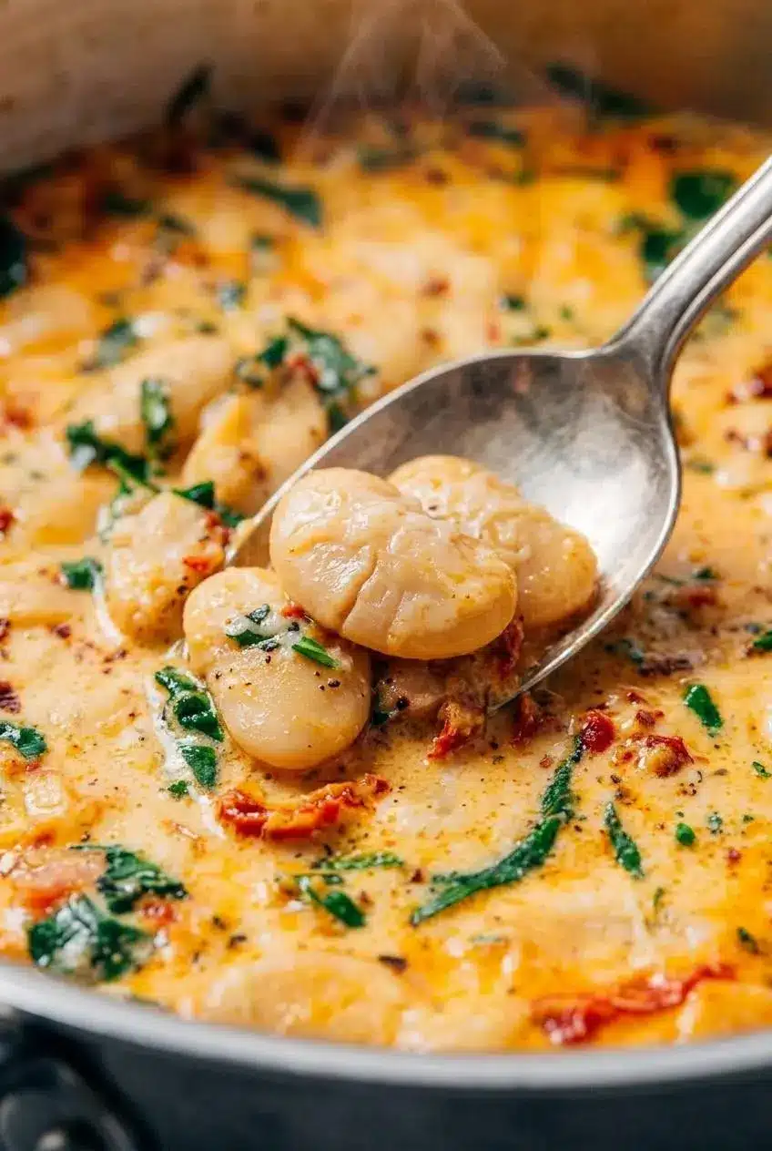 Macro view of tender butter beans lifted on a spoon, coated in velvety parmesan cream sauce.