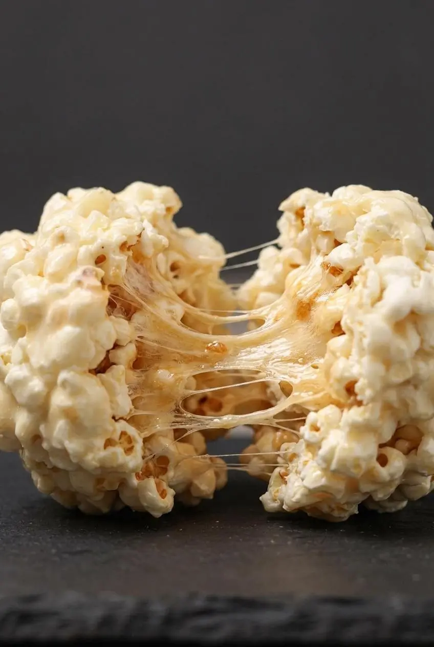 Close-up of a marshmallow popcorn ball torn open showing stretchy golden marshmallow strands between popcorn