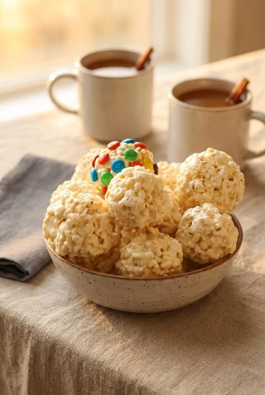 Marshmallow popcorn balls served on a linen table with M&M-studded popcorn balls and mugs of warm apple cider