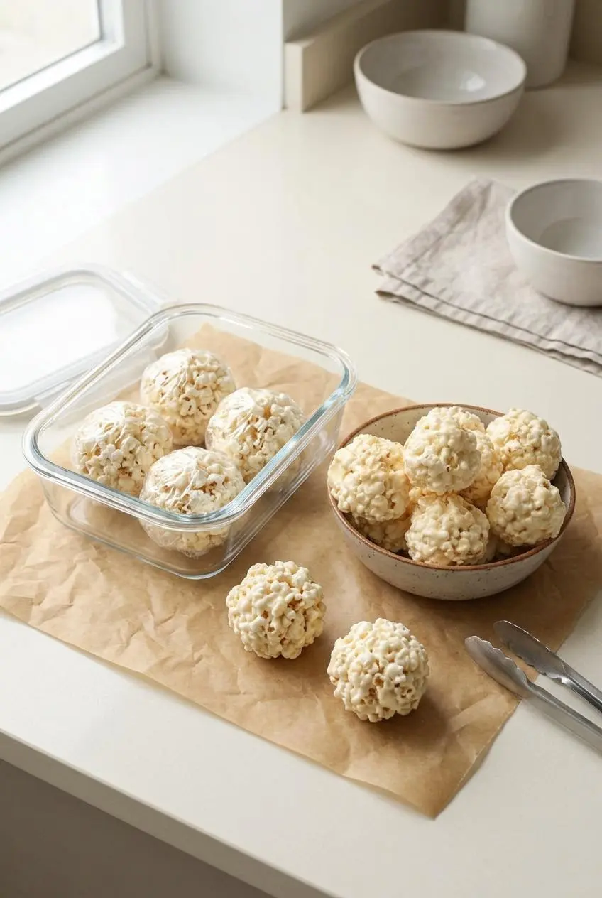 Cooled popcorn balls on parchment paper with three wrapped in plastic wrap inside a glass airtight container