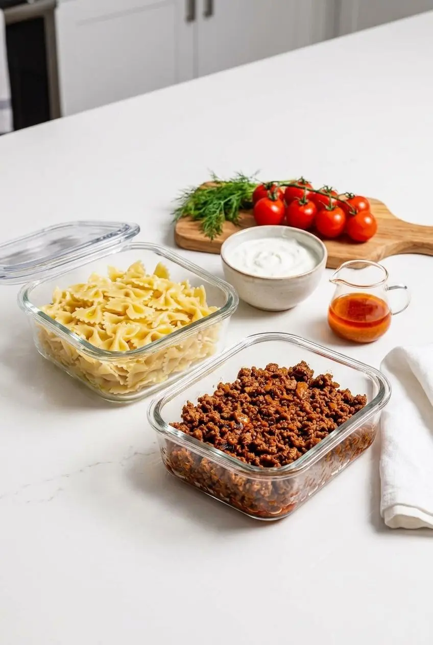 Glass meal-prep containers holding cooked pasta and seasoned beef alongside garlic yogurt and butter.