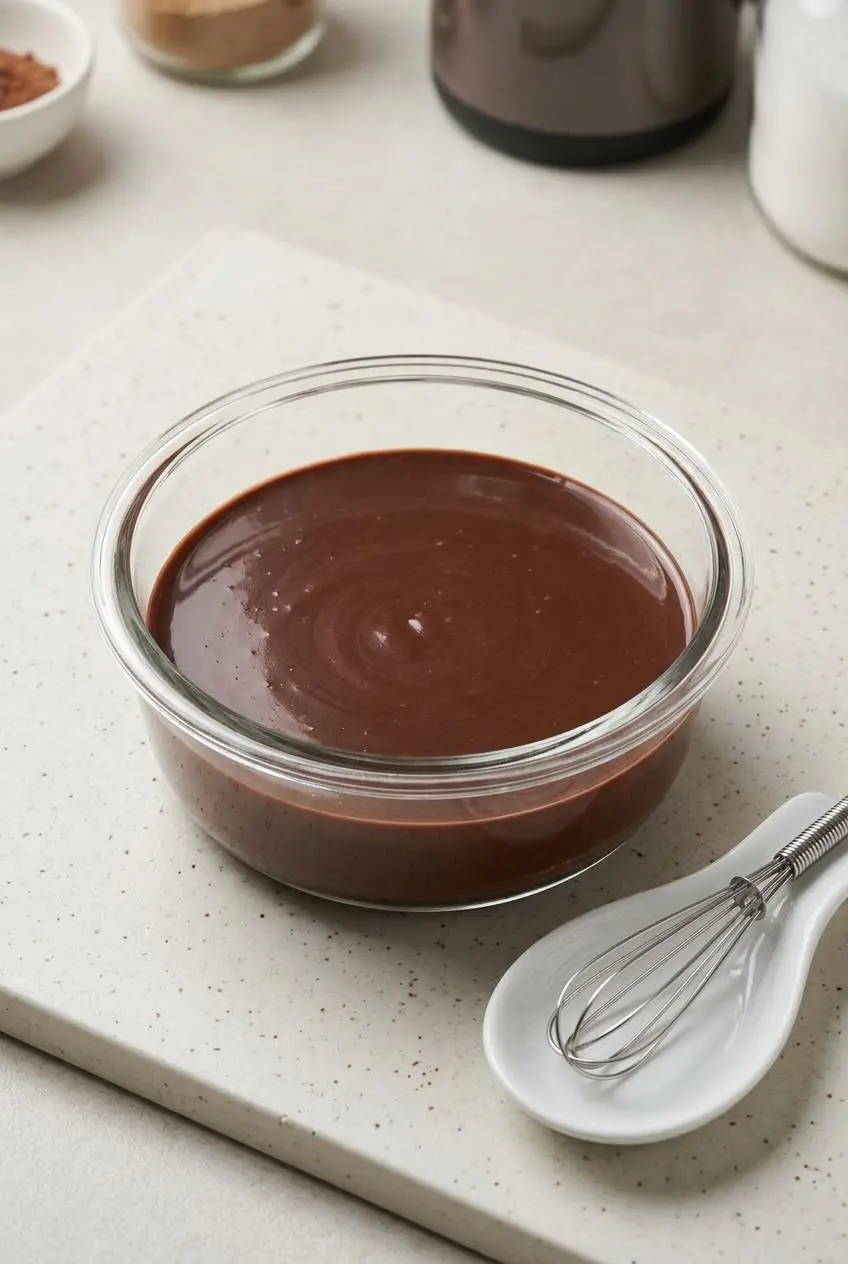 Glossy melted dark chocolate and warm milk base resting in a glass dish before refrigeration.