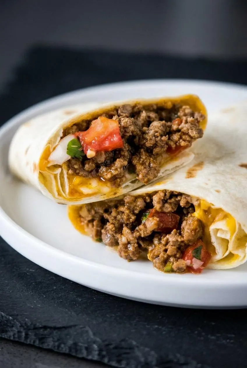 Close-up of a halved steamed flour tortilla roll showing fine seasoned beef crumbles, melted cheese, and diced pico de gallo.