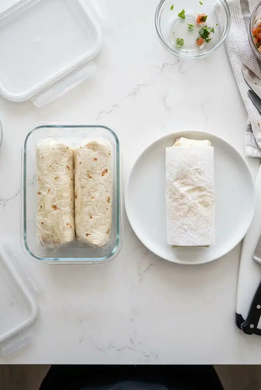 Overhead view of unsteamed tortilla rolls wrapped in plastic in a glass container next to a roll in a damp paper towel.