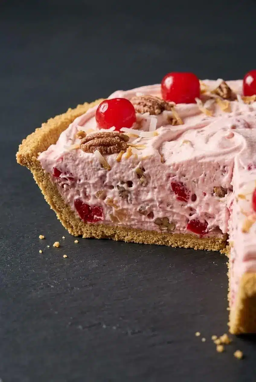 Close-up slice of million dollar pie displaying a crisp graham cracker crust beneath a thick, non-weeping filling.