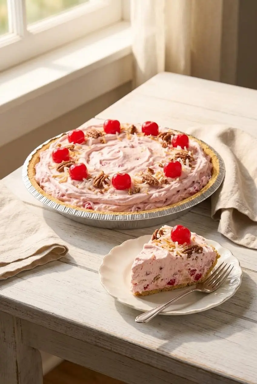 Plated slice of million dollar pie with a dessert fork beside the whole garnished pie on a wooden table.