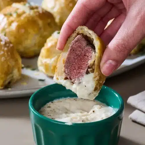 Golden baked mini beef Wellington parcels garnished with flaky sea salt and fresh parsley.