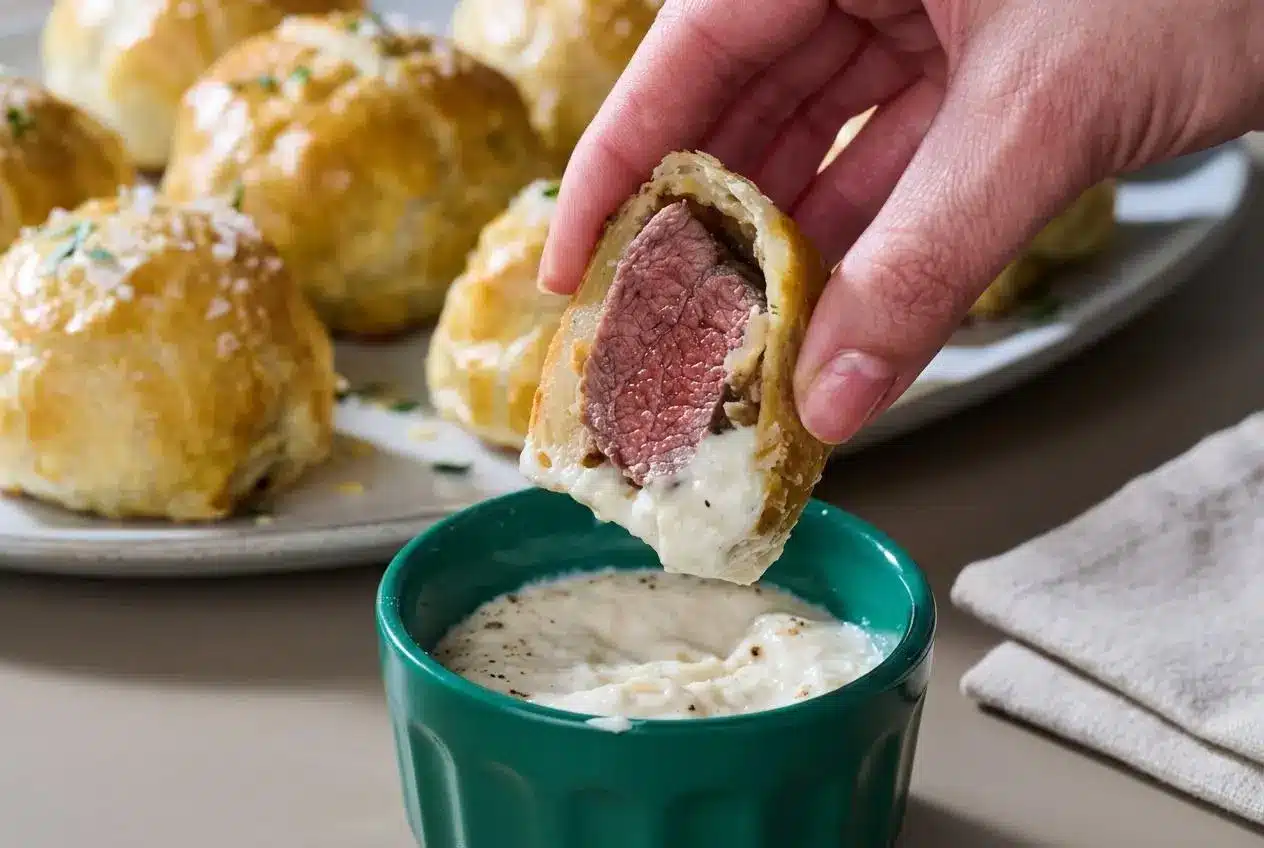 Golden baked mini beef Wellington parcels garnished with flaky sea salt and fresh parsley.