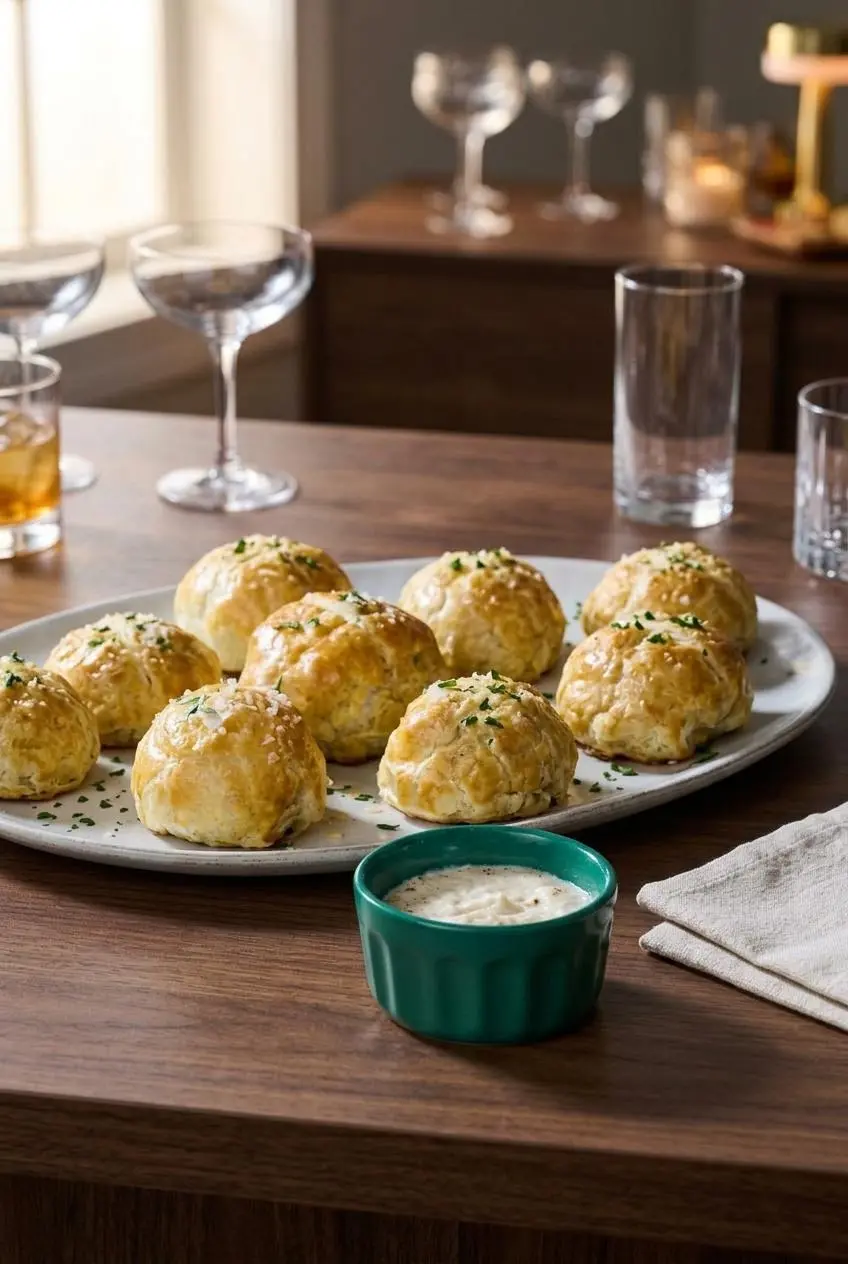 Platter of golden mini beef Wellingtons served alongside a small bowl of creamy horseradish sauce.