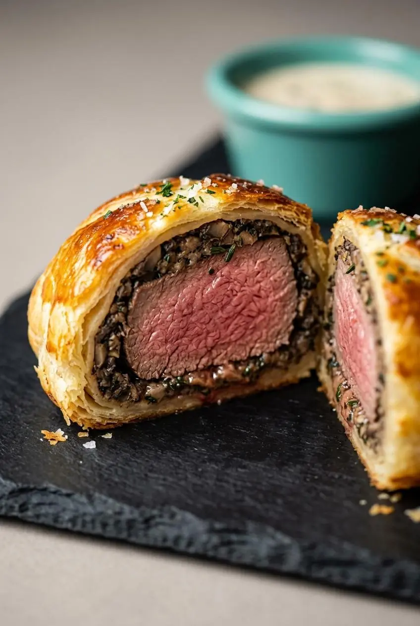Sliced mini beef Wellington showing medium-rare pink tenderloin, dark mushroom duxelles, and flaky bottom crust.