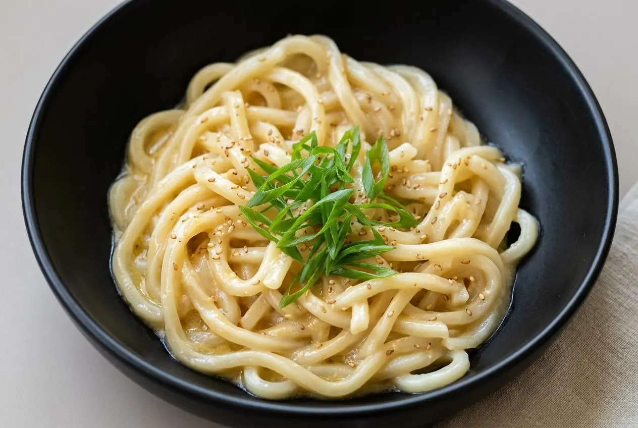 Chewy miso butter noodles coated in a silky, glossy sauce garnished with green onion and sesame seeds.