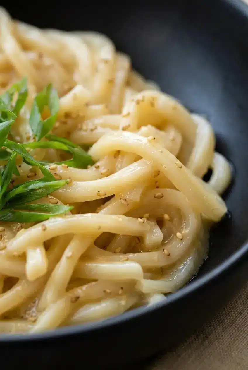 Close-up of glossy miso butter sauce coating thick udon noodles with sliced green onions and sesame seeds.