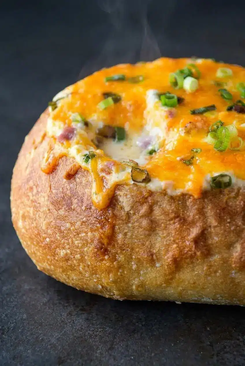 Close-up of thick French bread wall holding velvety melted cheddar and ham dip with bubbling edges and steaming center.