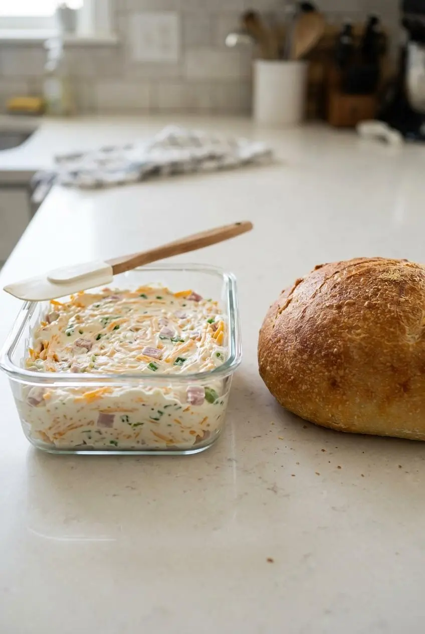 Unbaked cream cheese, cheddar, and ham dip mixture in a glass storage container next to a whole round French bread loaf.