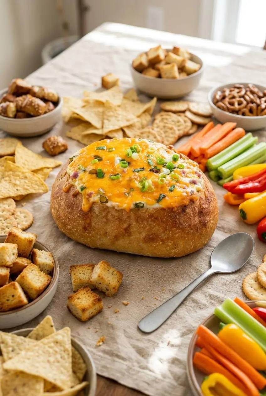 Baked mississippi sin dip bread bowl surrounded by toasted bread cubes, tortilla chips, crackers, pretzels, and vegetables.