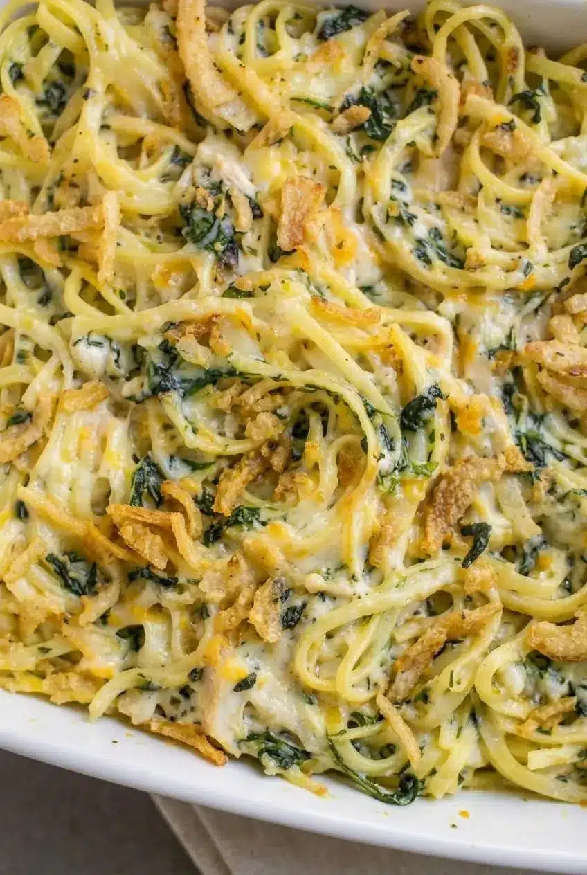 Close-up of creamy Monterey chicken spaghetti showing glossy cheese sauce, tender chicken, and crisp fried onions.