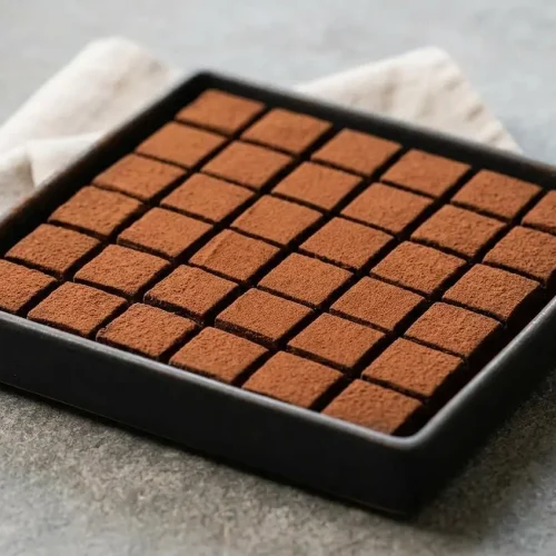 Finished nama chocolate recipe showing silky Japanese ganache squares dusted with dark cocoa powder.