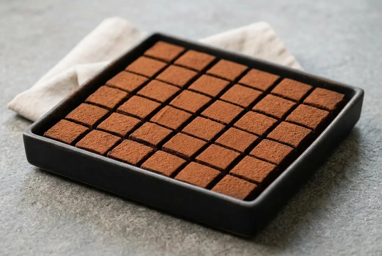 Finished nama chocolate recipe showing silky Japanese ganache squares dusted with dark cocoa powder.