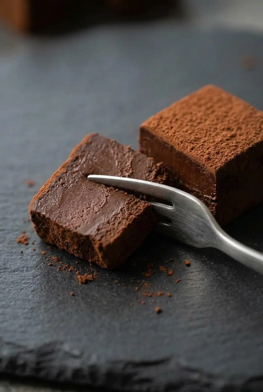Close-up of two cocoa-dusted nama chocolate squares on dark slate, one cut in half with a dessert fork.