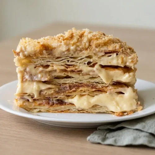 Rectangular napoleon cake with flaky butter pastry layers, velvety custard cream filling, and golden pastry crumbs.