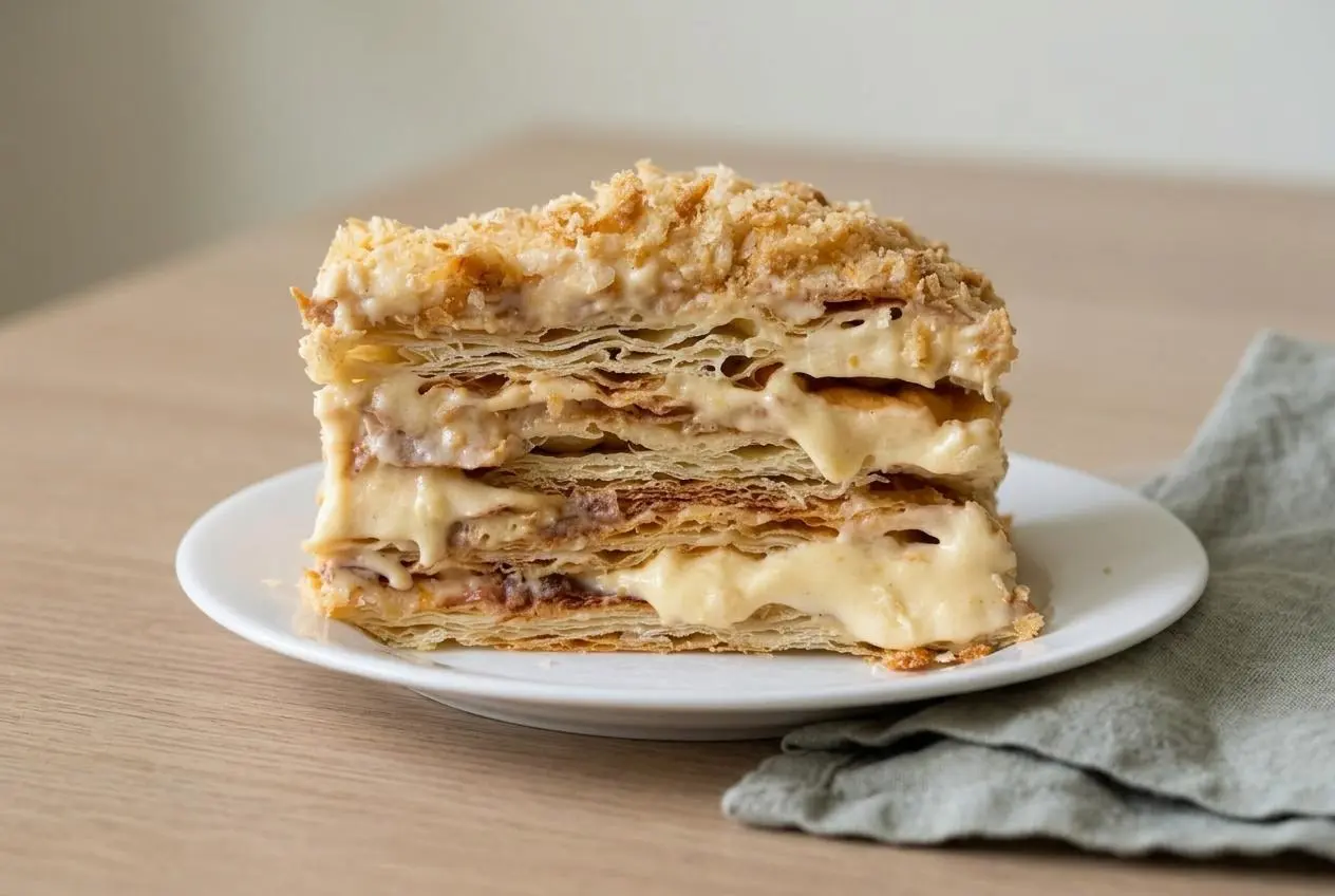 Rectangular napoleon cake with flaky butter pastry layers, velvety custard cream filling, and golden pastry crumbs.