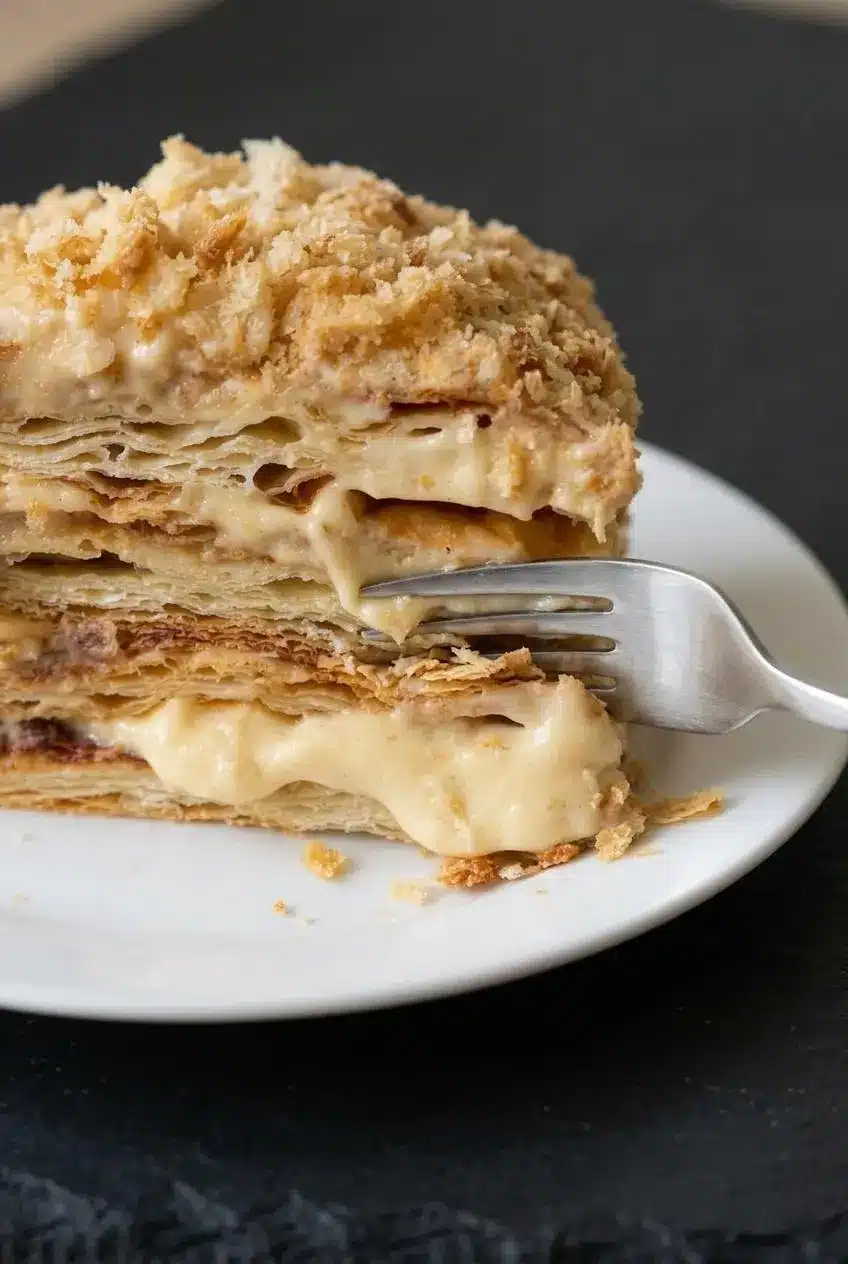 Close-up cross-section of chilled napoleon cake with a silver fork pressing into softened pastry and pale yellow custard.