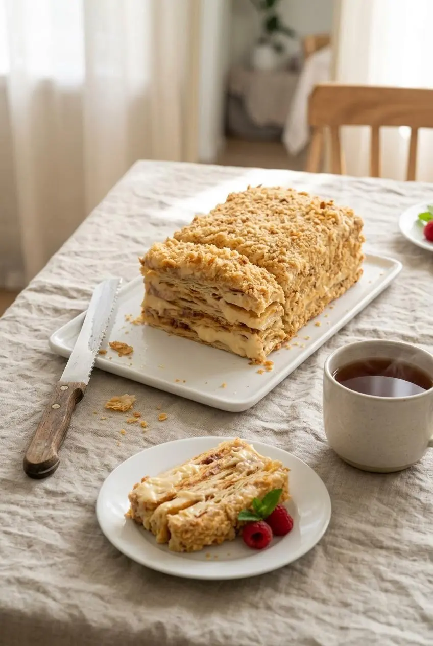Crumb-coated rectangular cake on a linen table with a serrated knife, hot black tea, and a slice topped with berries.
