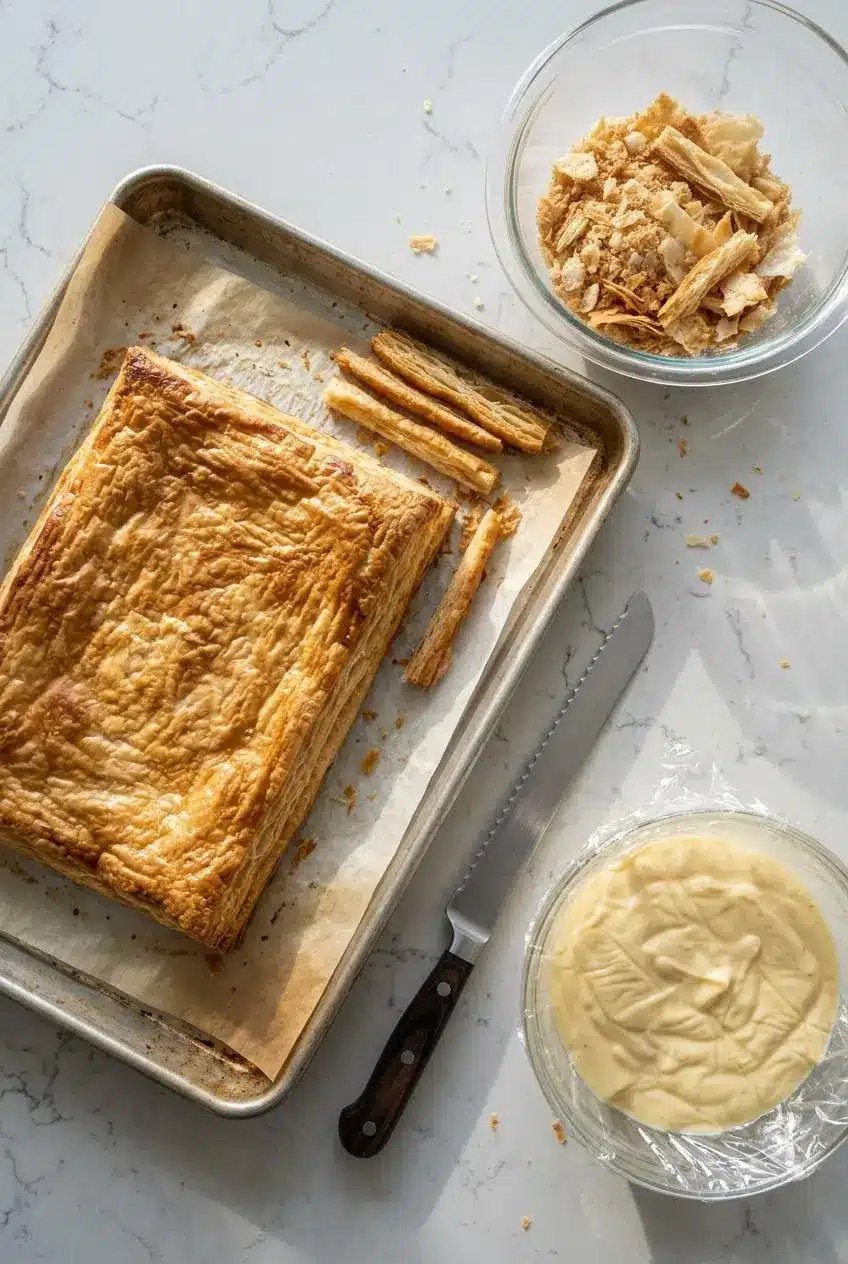 Freshly baked golden pastry sheet on parchment next to a serrated knife, pastry trimmings, and plastic-wrapped custard.