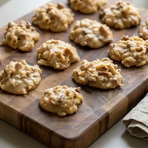 Mounds of no bake coconut pecan praline cookies with a chewy brown sugar coating and visible pecan pieces.