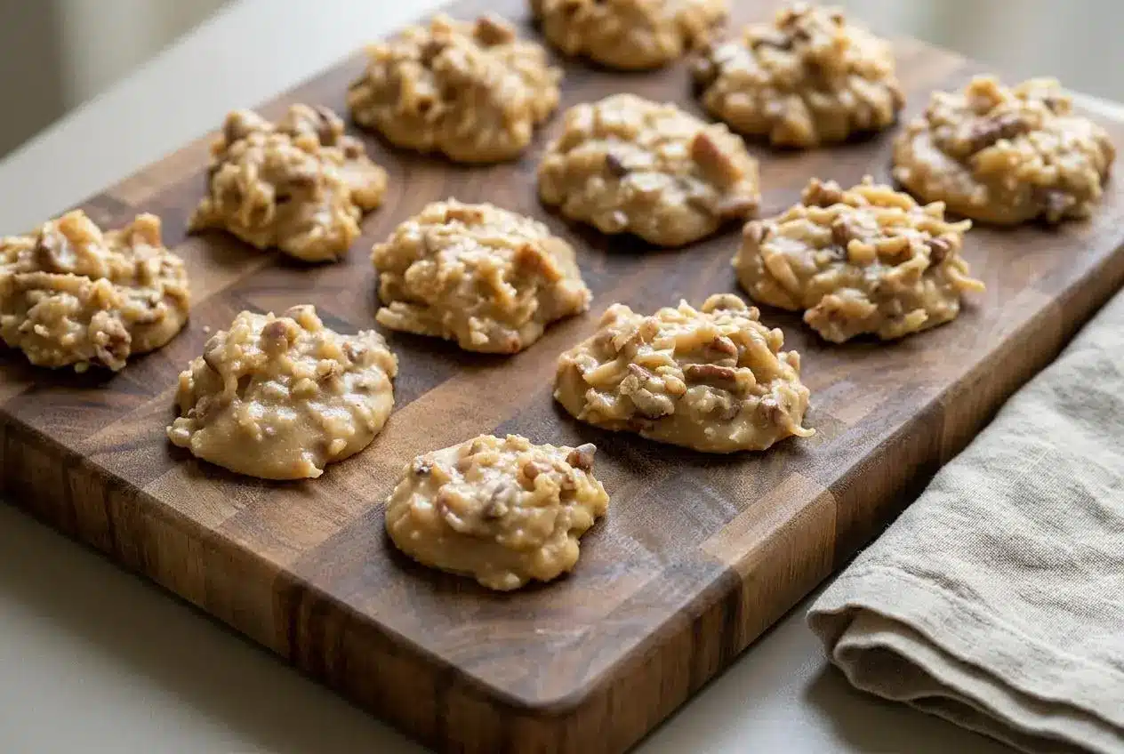 Mounds of no bake coconut pecan praline cookies with a chewy brown sugar coating and visible pecan pieces.