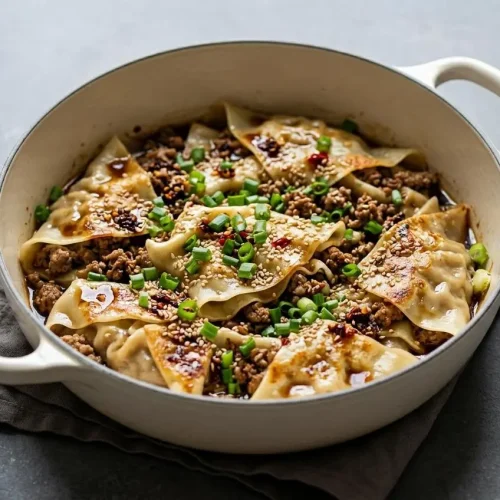 No fold blanket dumplings with tender steamed tops, crispy golden pork bottoms, chili crisp, and green onions