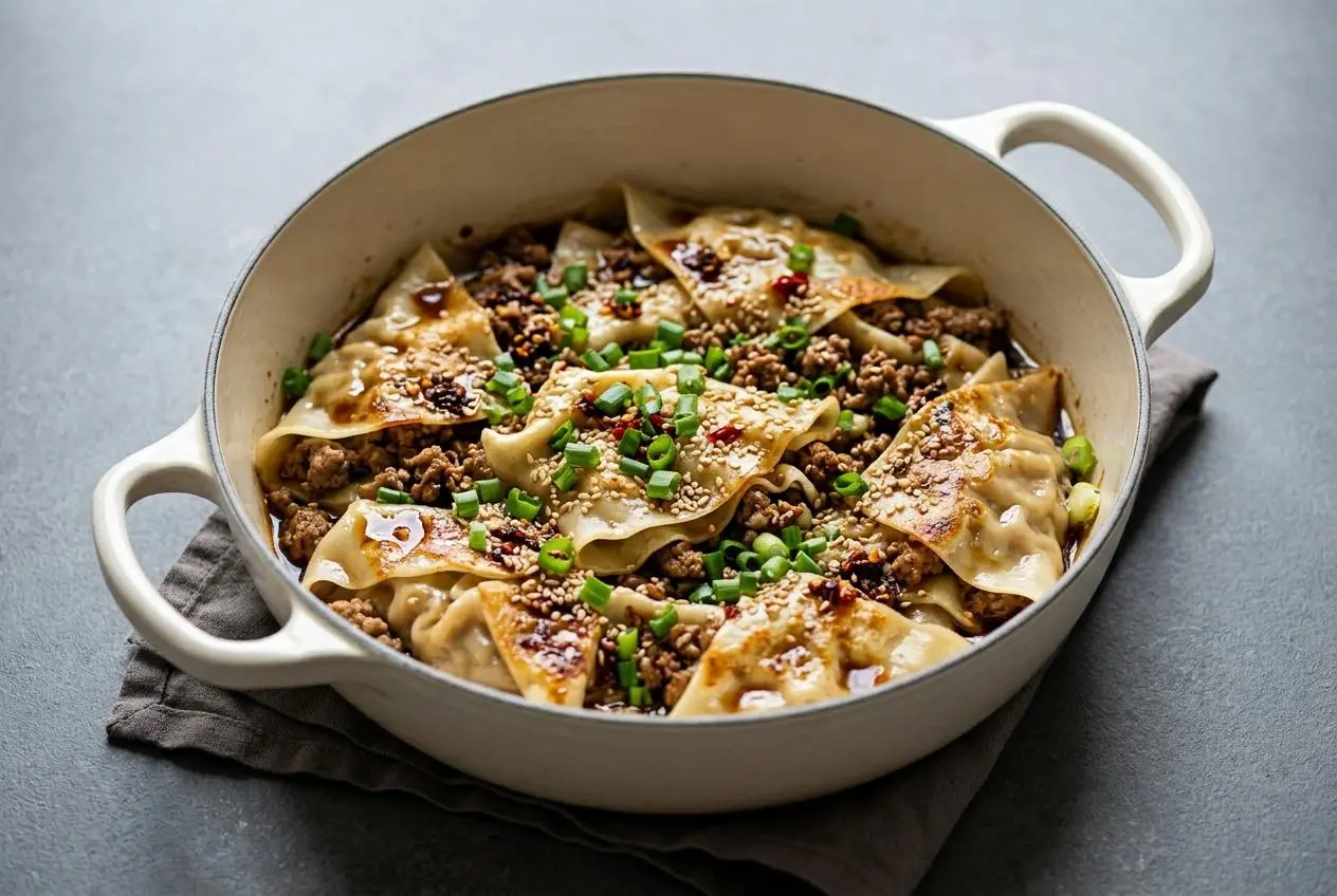 No fold blanket dumplings with tender steamed tops, crispy golden pork bottoms, chili crisp, and green onions