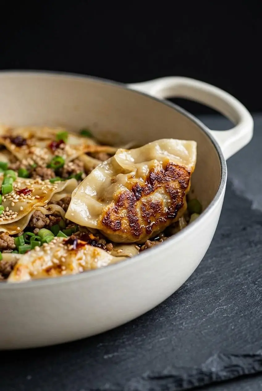 Close-up of a blanket dumpling tipped on its side showing a crispy golden pork bottom and glossy steamed wrapper